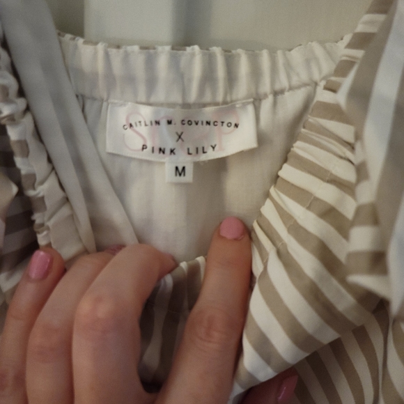 Caitlin Covington x Pink Lily Off the Shoulder Tan & White Striped Dress - Picture 3 of 3